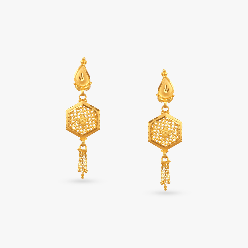 Hexa Tassel Gold Drop Earrings