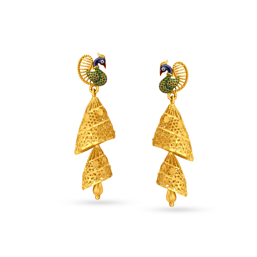 

Peacock Inspired Gold Jhumkas