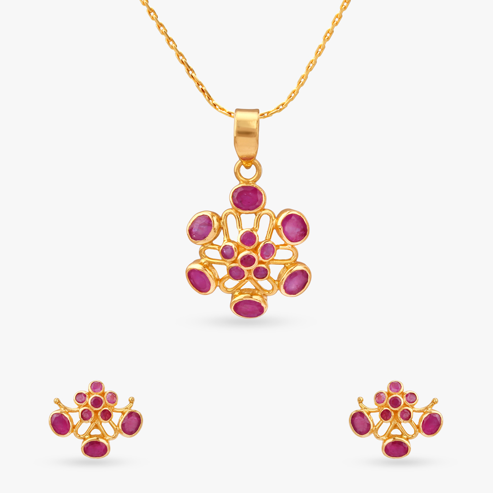 Whimsical Bloom Ruby Pendant and Earrings Set