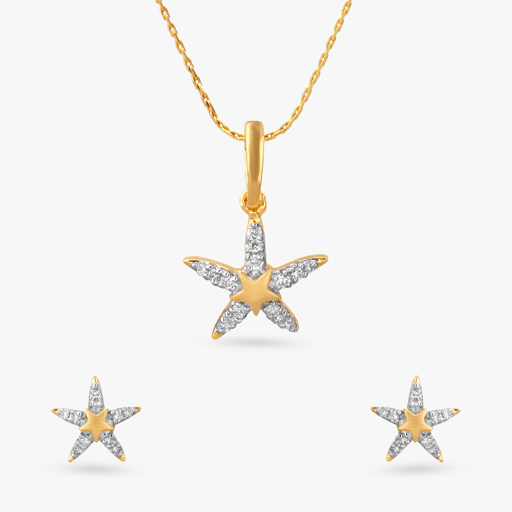 Little Starfish Diamond Pendant and Earrings Set For Kids