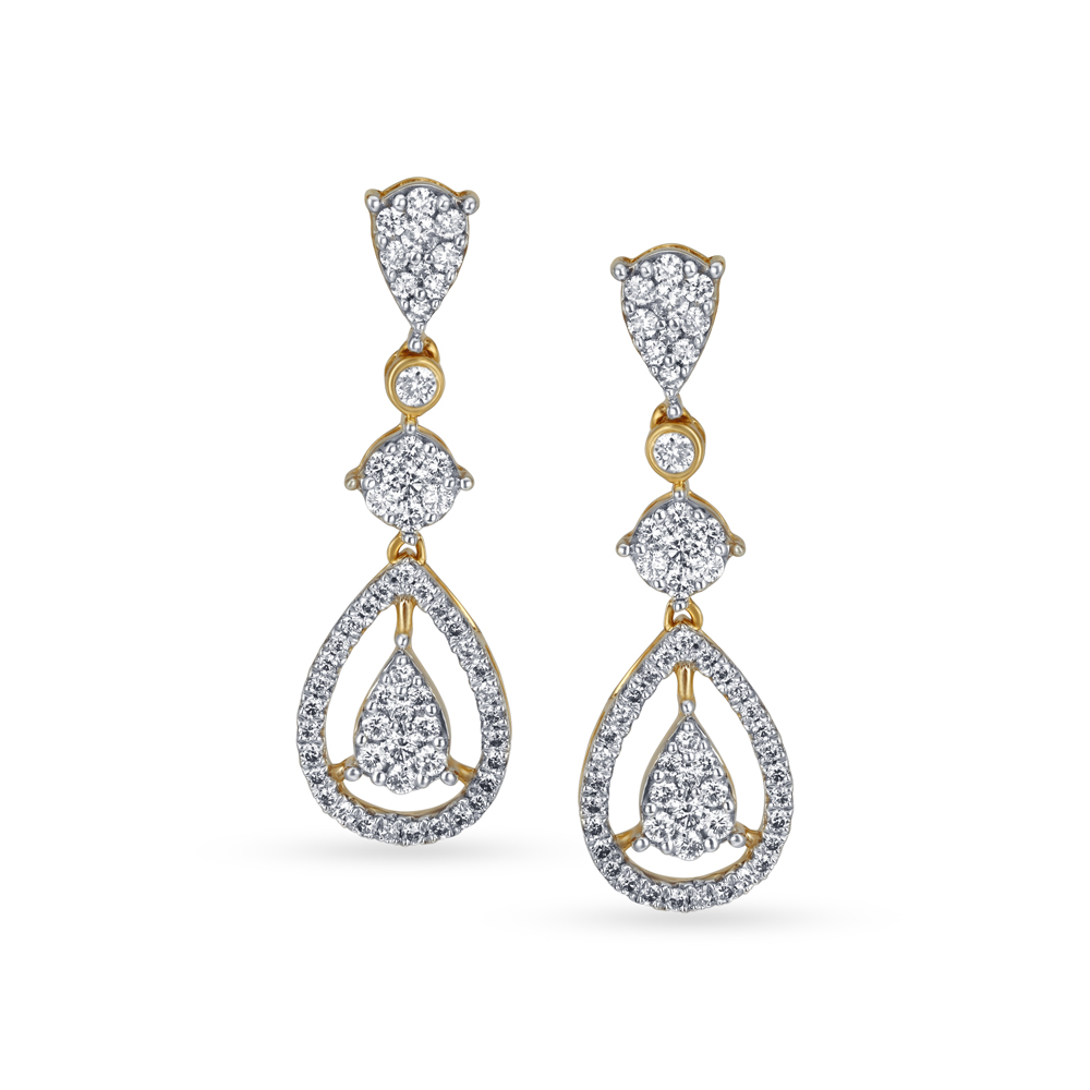 Scintillating Diamond and Gold Long Drop Earrings