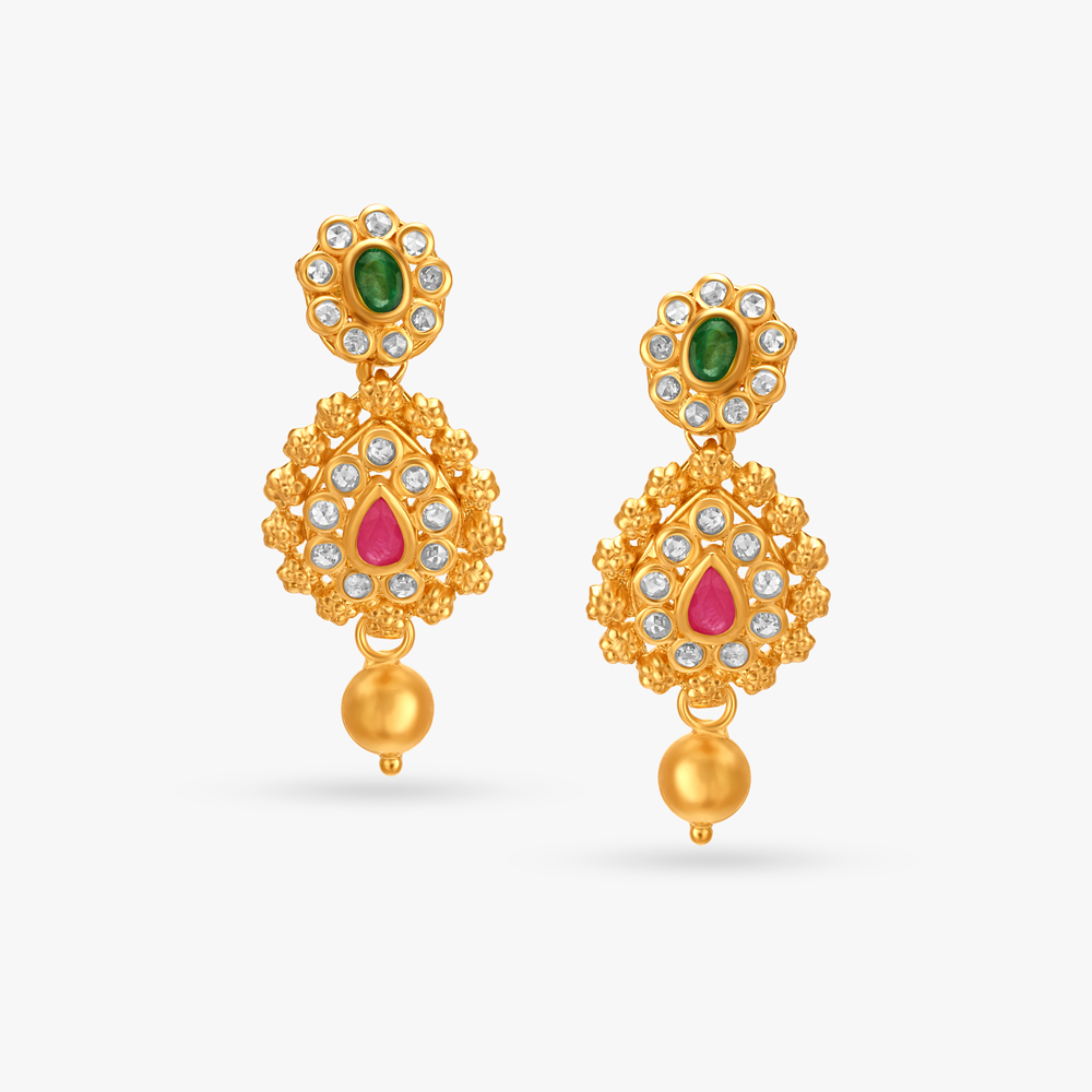 Traditional Emerald And Ruby Gold Drop Earrings