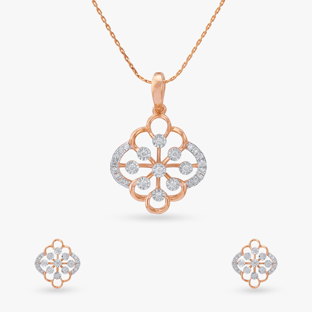 Clover Charm Diamond Pendant and Earrings Set