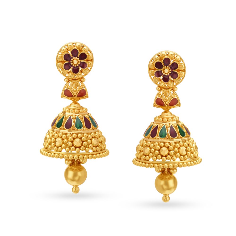 Luxurious Yellow Gold Beaded Floral Drop Earrings