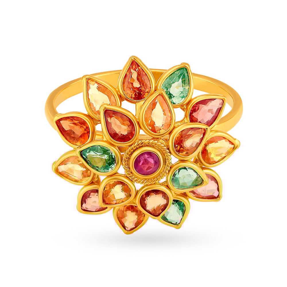 

Magnificent 22 Karat Yellow Gold Colourful Stone Studded Finger Ring