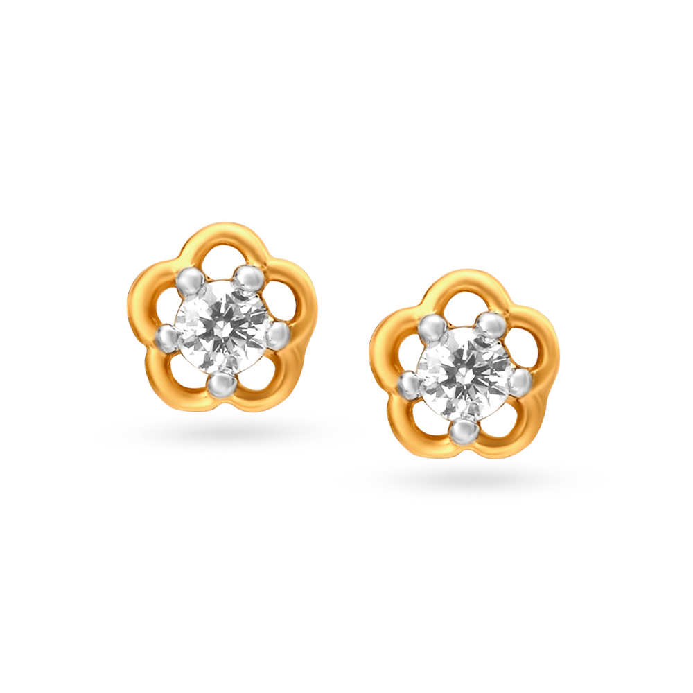 Solitaire Look Floral Gold and Diamond Stud Earrings