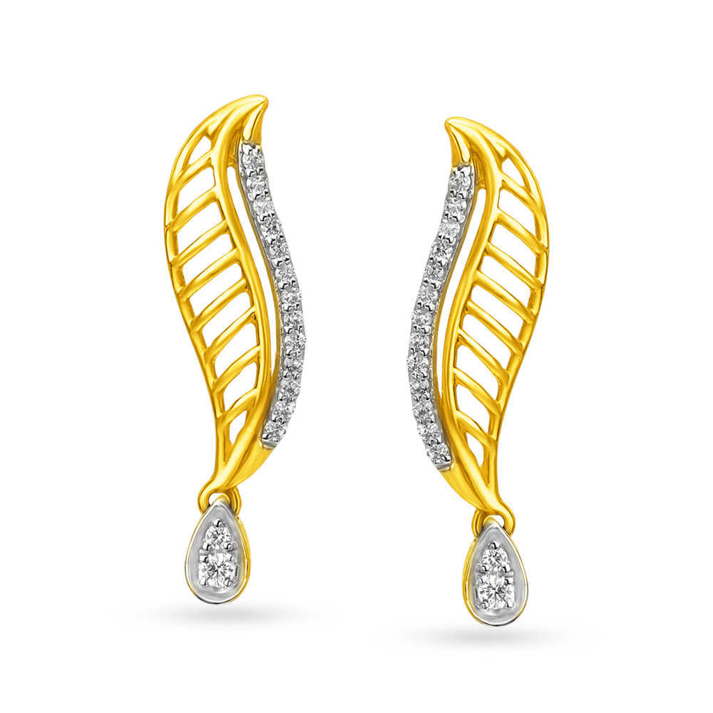 Fancy Leaf Inspired Gold and Diamond Drop Earrings