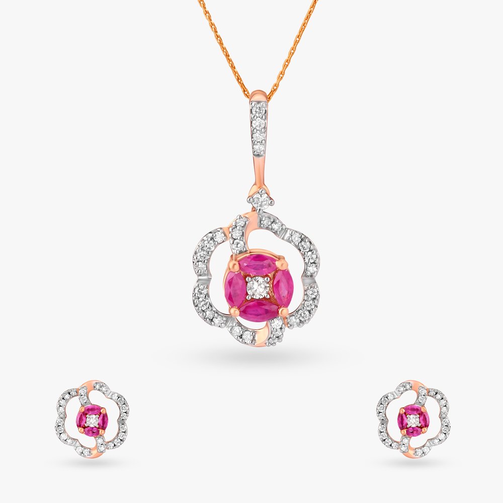 Blooming Flower Diamond Pendant and Earrings Set