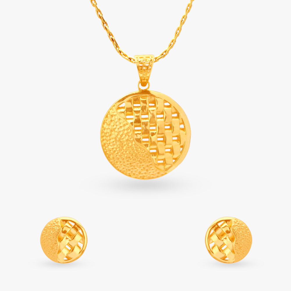 Bold Textured Gold Pendant and Earrings Set