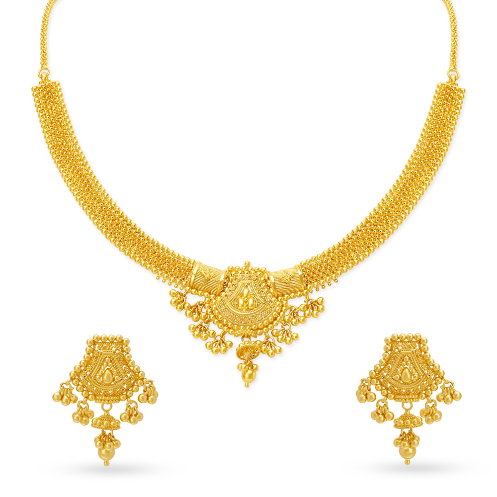 Opulent 22 Karat Yellow Gold Beaded Necklace And Earrings Set