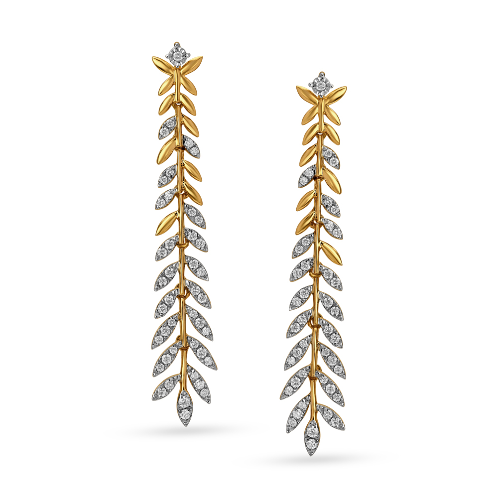 Jaw-Dropping 18 Karat Yellow and White Gold And Diamond Leaves Drop Earrings