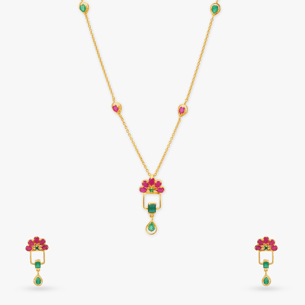 Floral Symphony Gold Pendant with Chain and Earrings Set