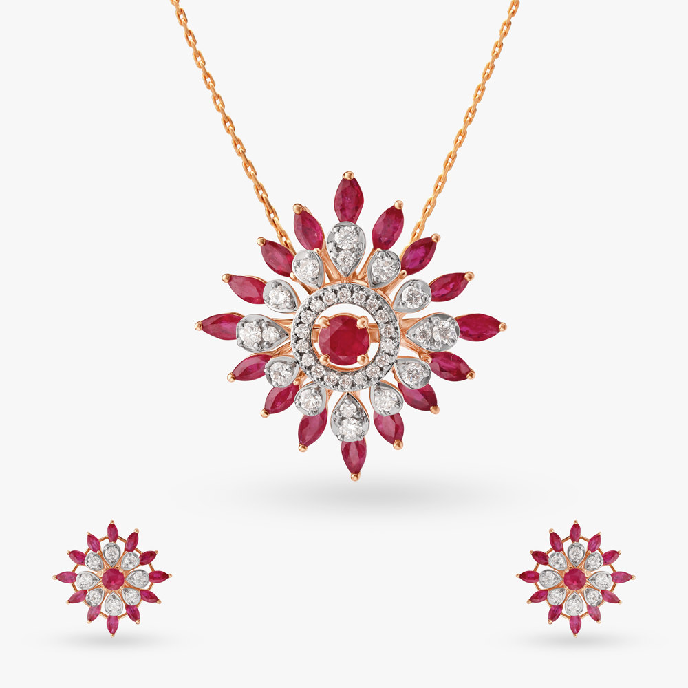 Glamourous Floral Diamond Pendant and Earrings Set
