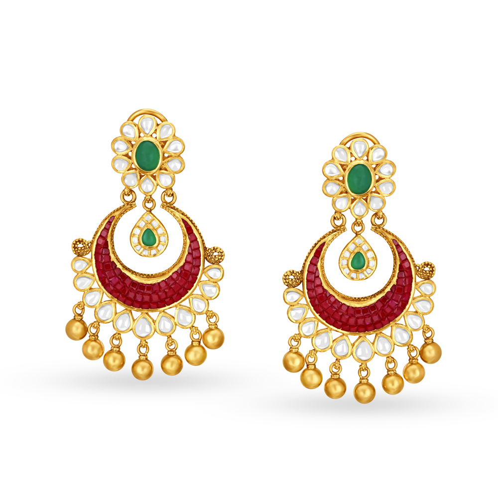 Enticing 22 Karat Gold Chandbali Style Kundan Drop Earrings