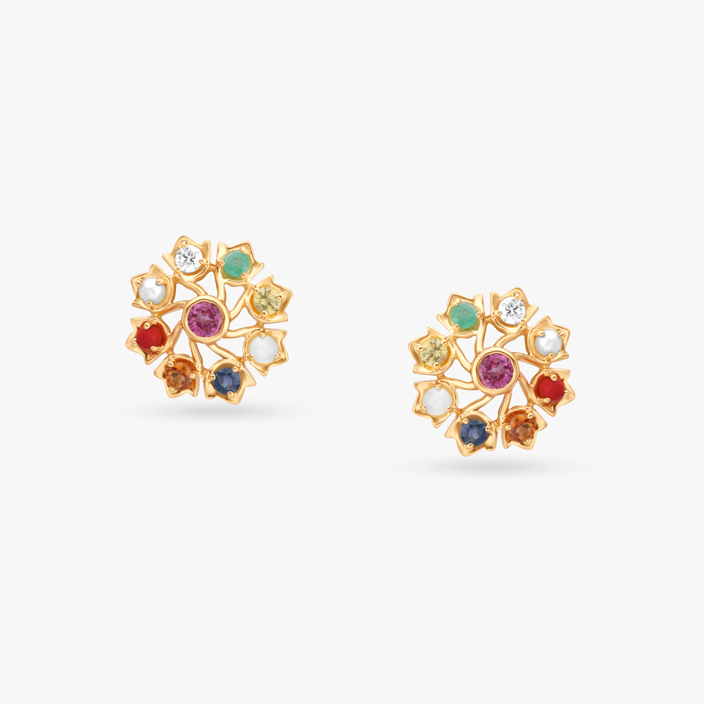 Vibrant Navaratna Diamond Stud Earrings