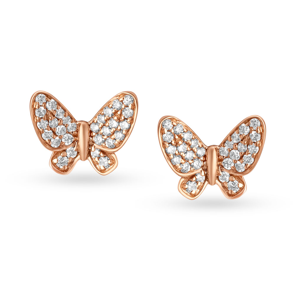 

Whimsical 18 Karat Rose Gold And Diamond Butterfly Studs