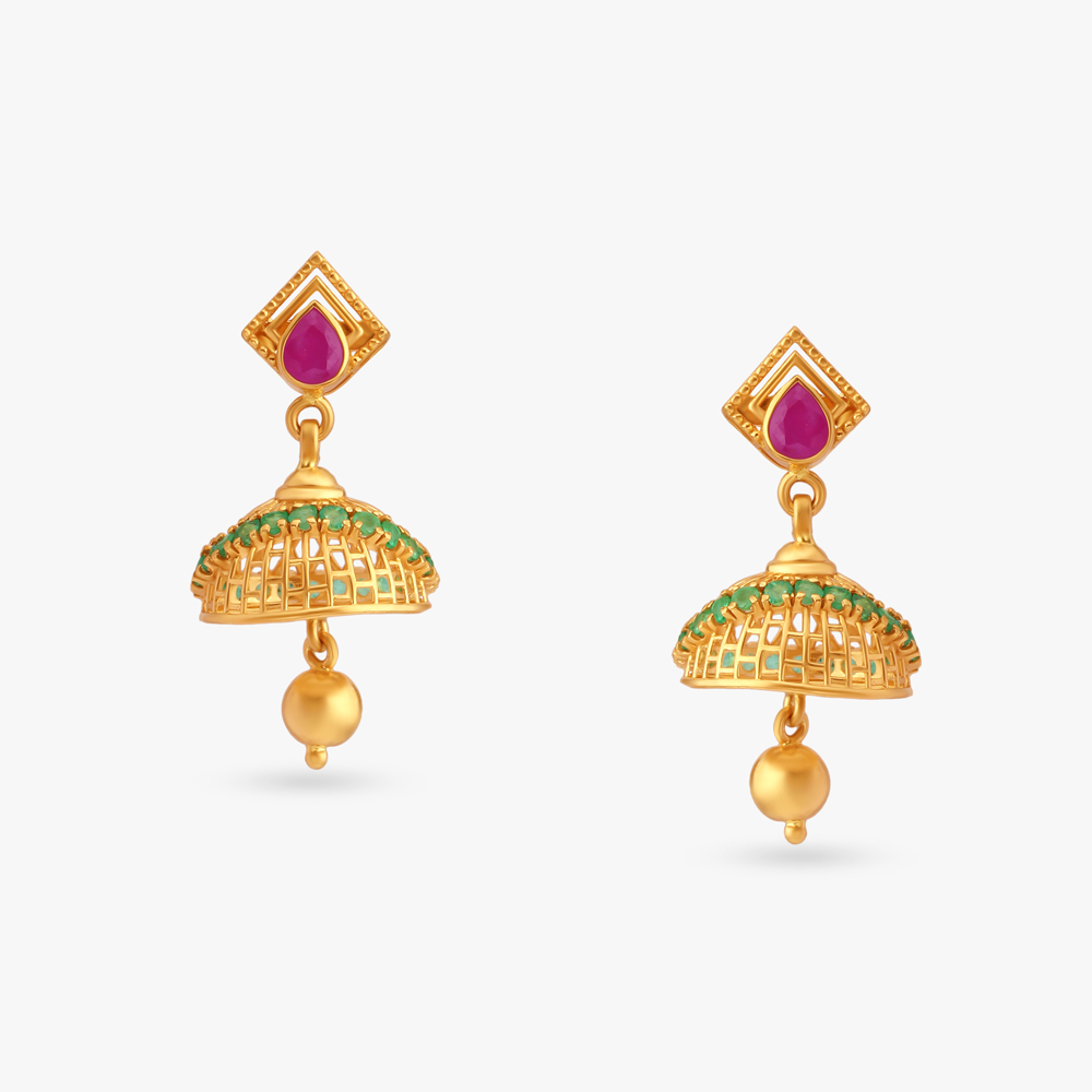 

Luminous Ruby Emerald and Diamond Jhumkas