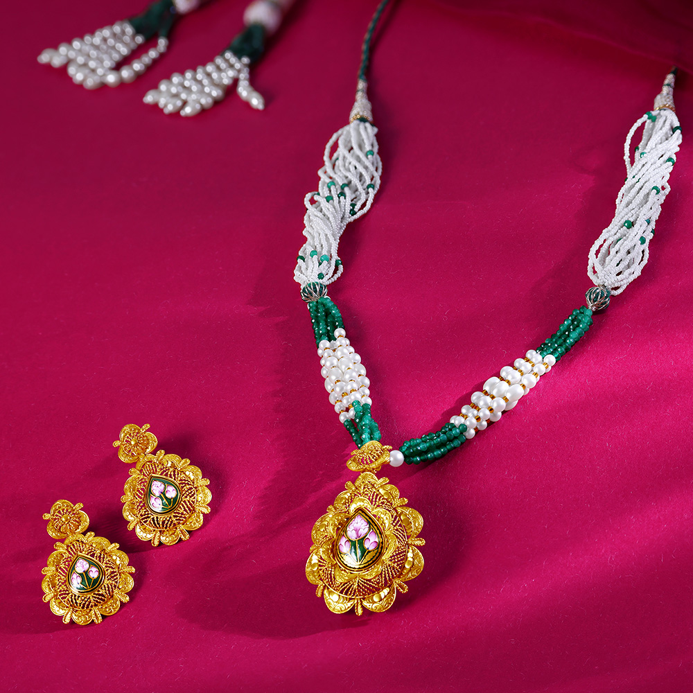 

Ethereal Enamel Gold Pendant and Earrings Set