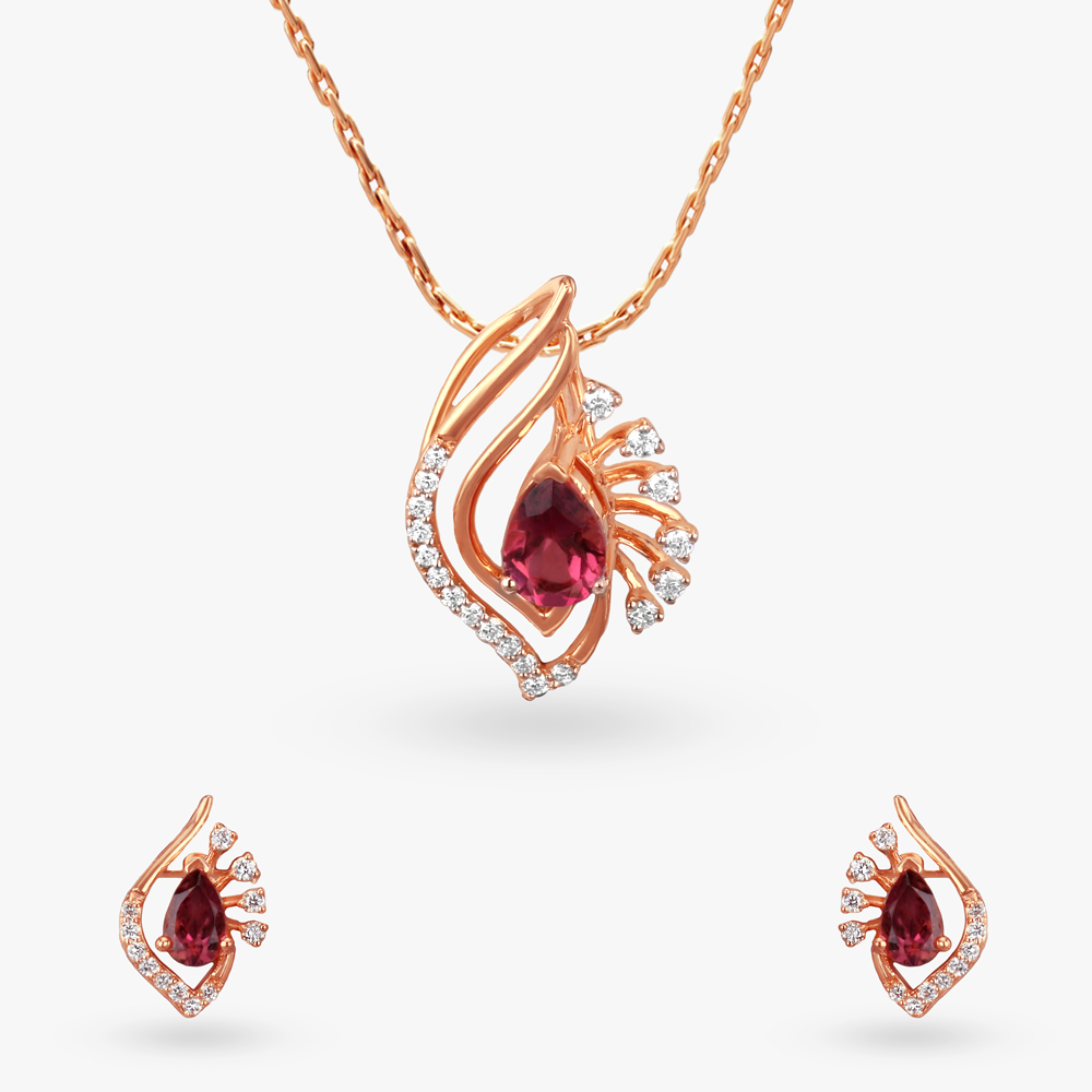 Crimson Bloom Diamond Pendant and Earrings Set