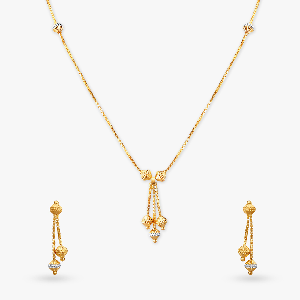Classic Beaded Gold Pendant with Chain and Earrings Set