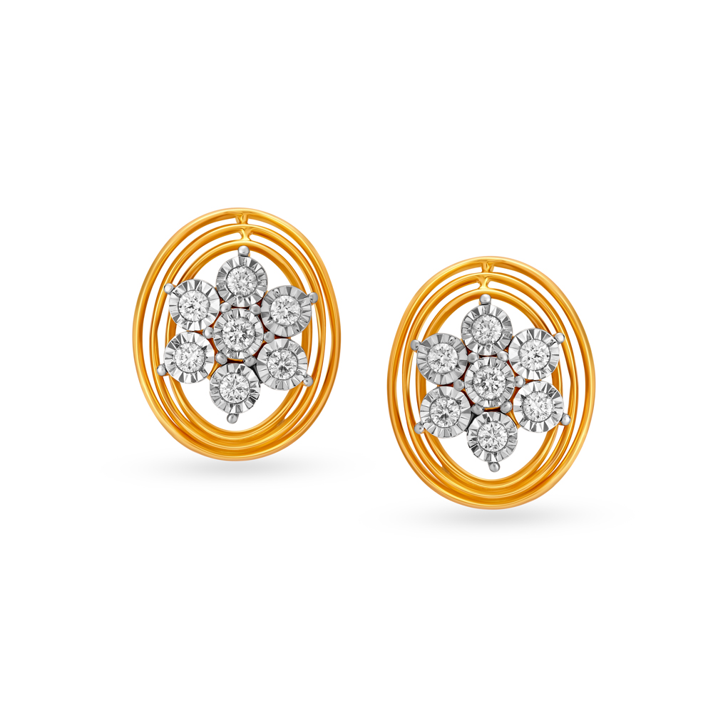 Classy Floral Diamond Stud Earrings in Yellow and White Gold