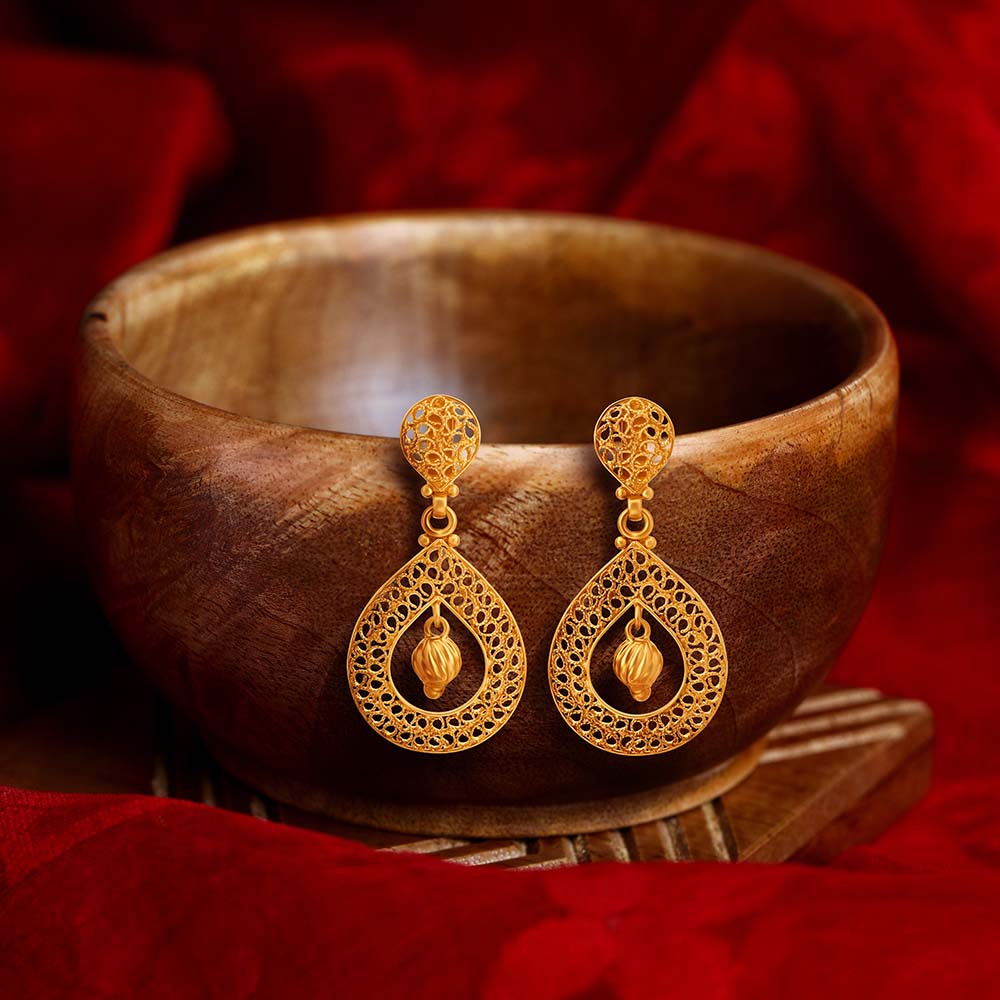 Traditional Gold Jali Work Mesh Drop Earrings