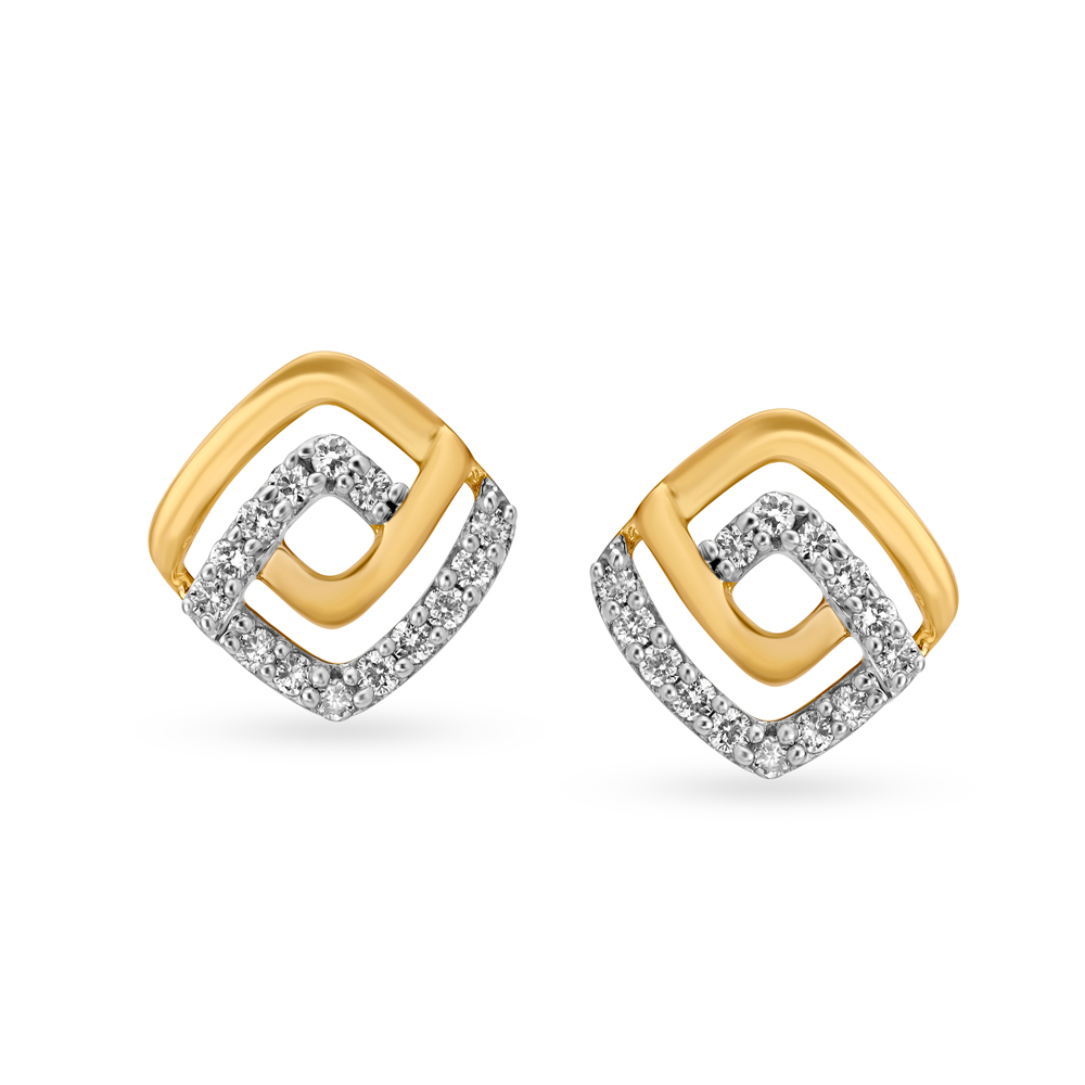 Simplistic 18 Karat Yellow Gold And Diamond Square Studs