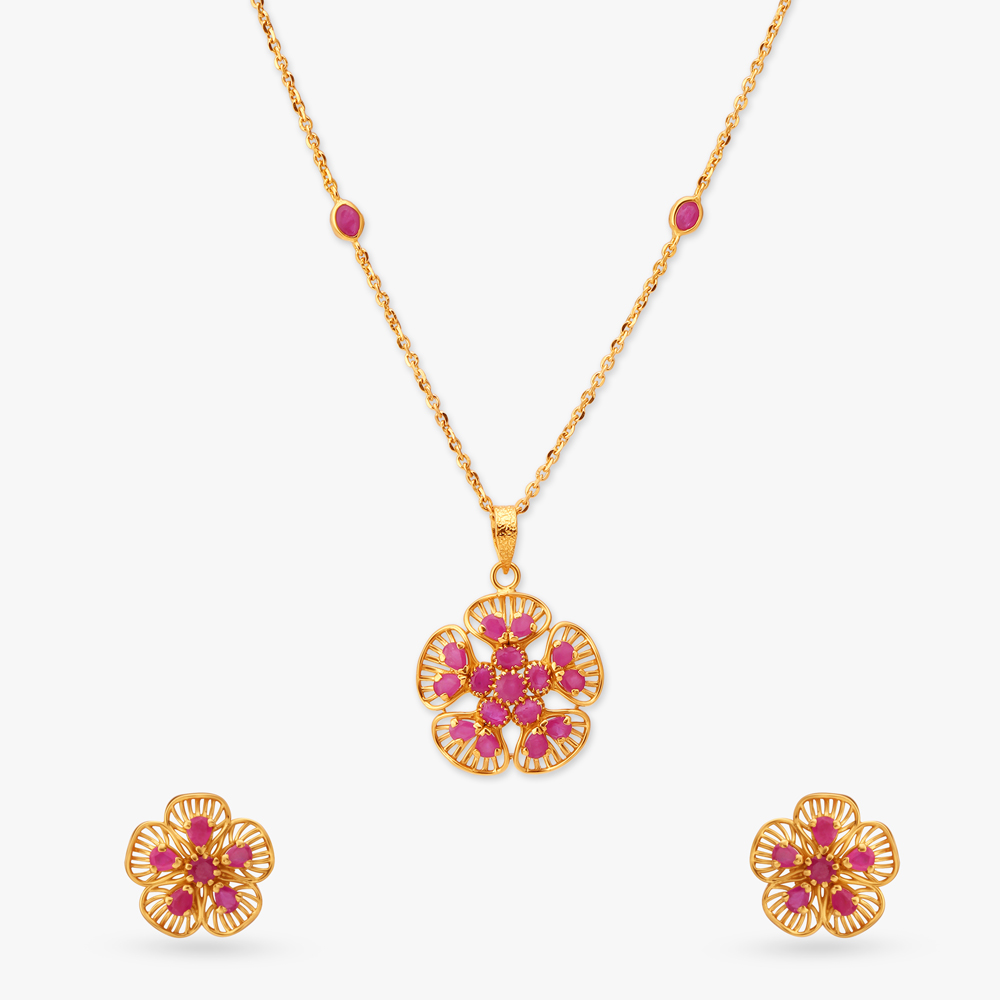 Radiant Gold Pendant with Chain and Earrings Set