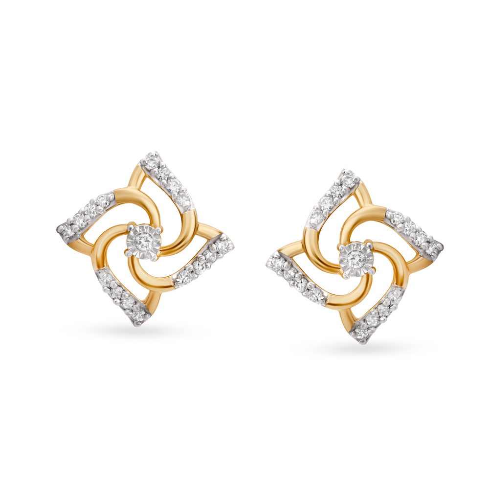 Pinwheel Inspired Gold and Diamond Stud Earrings