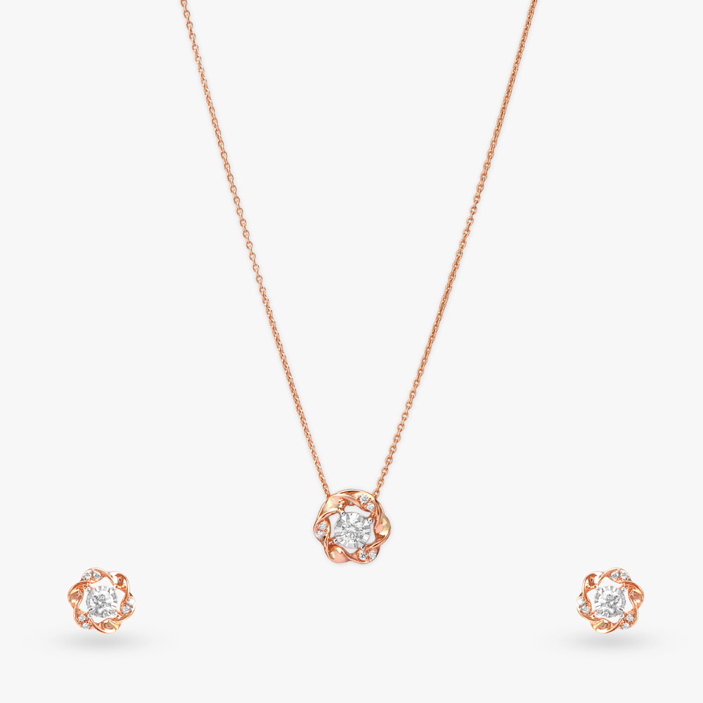 Floral Whirl Diamond Pendant with Chain and Earrings Set