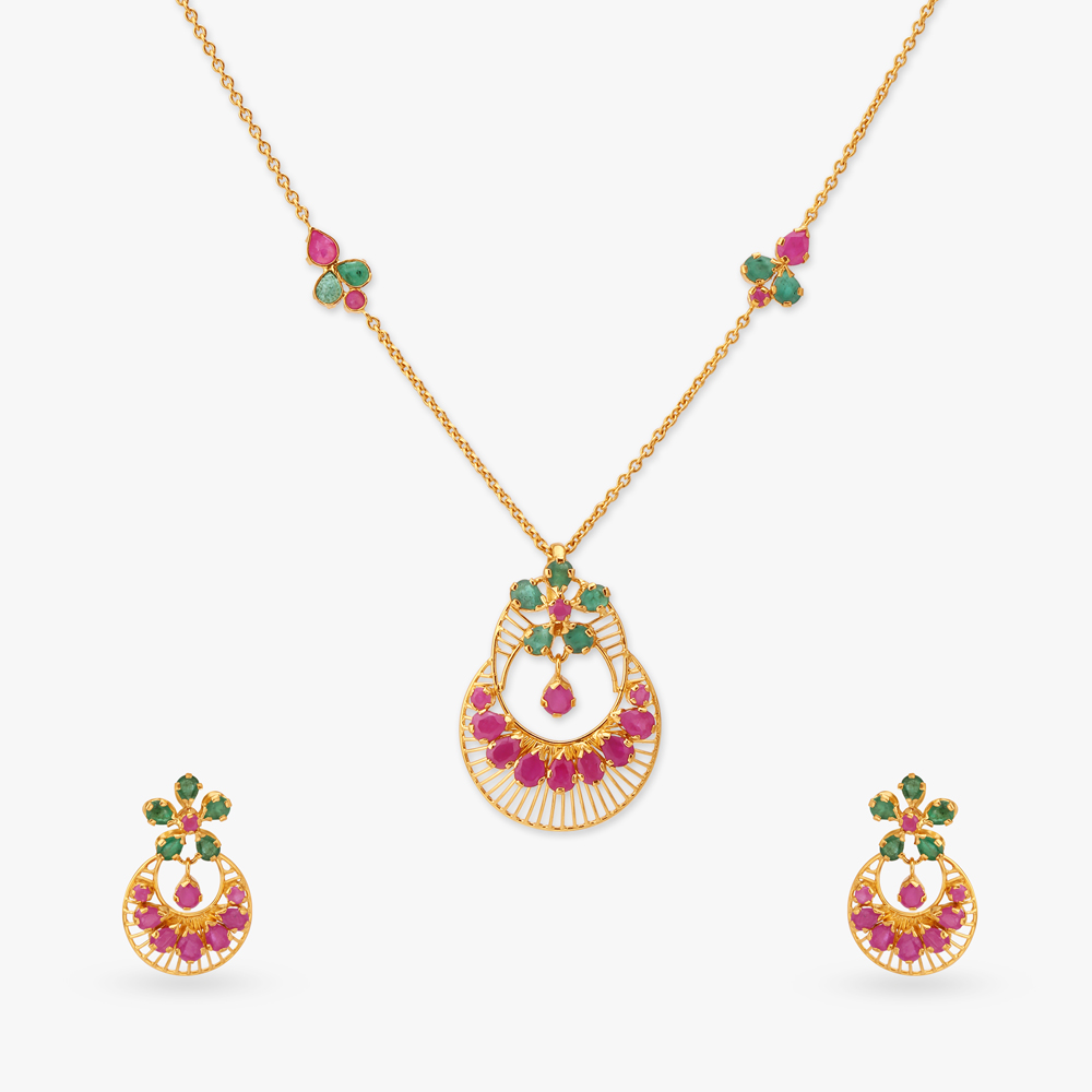 Graceful Blossom Gold Pendant with Chain and Earrings Set