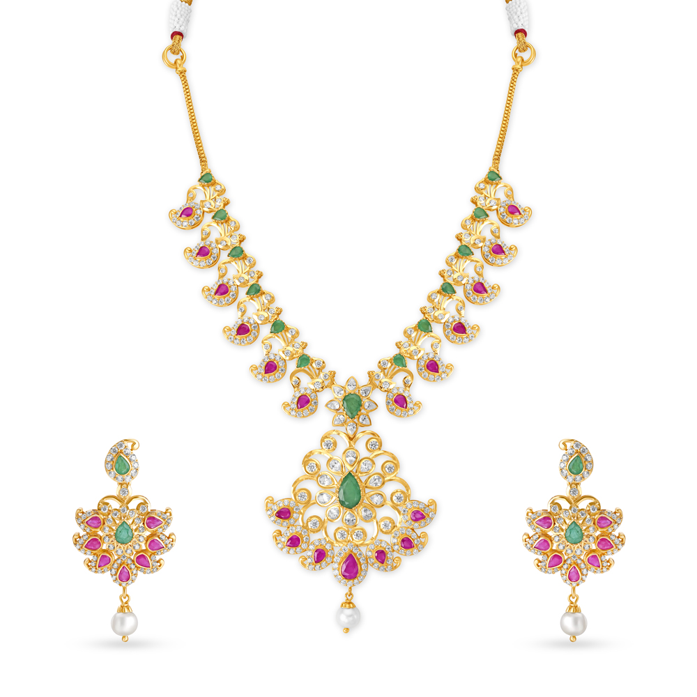 Stunning Gold Necklace Set With Cubic Zirconia, Emeralds and Pearls