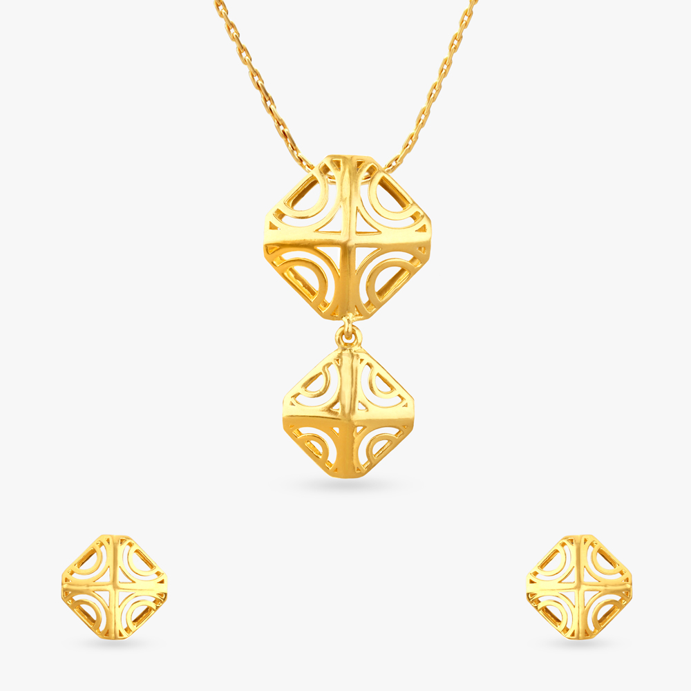 Sculpted Geometry Gold Pendant and Earrings Set