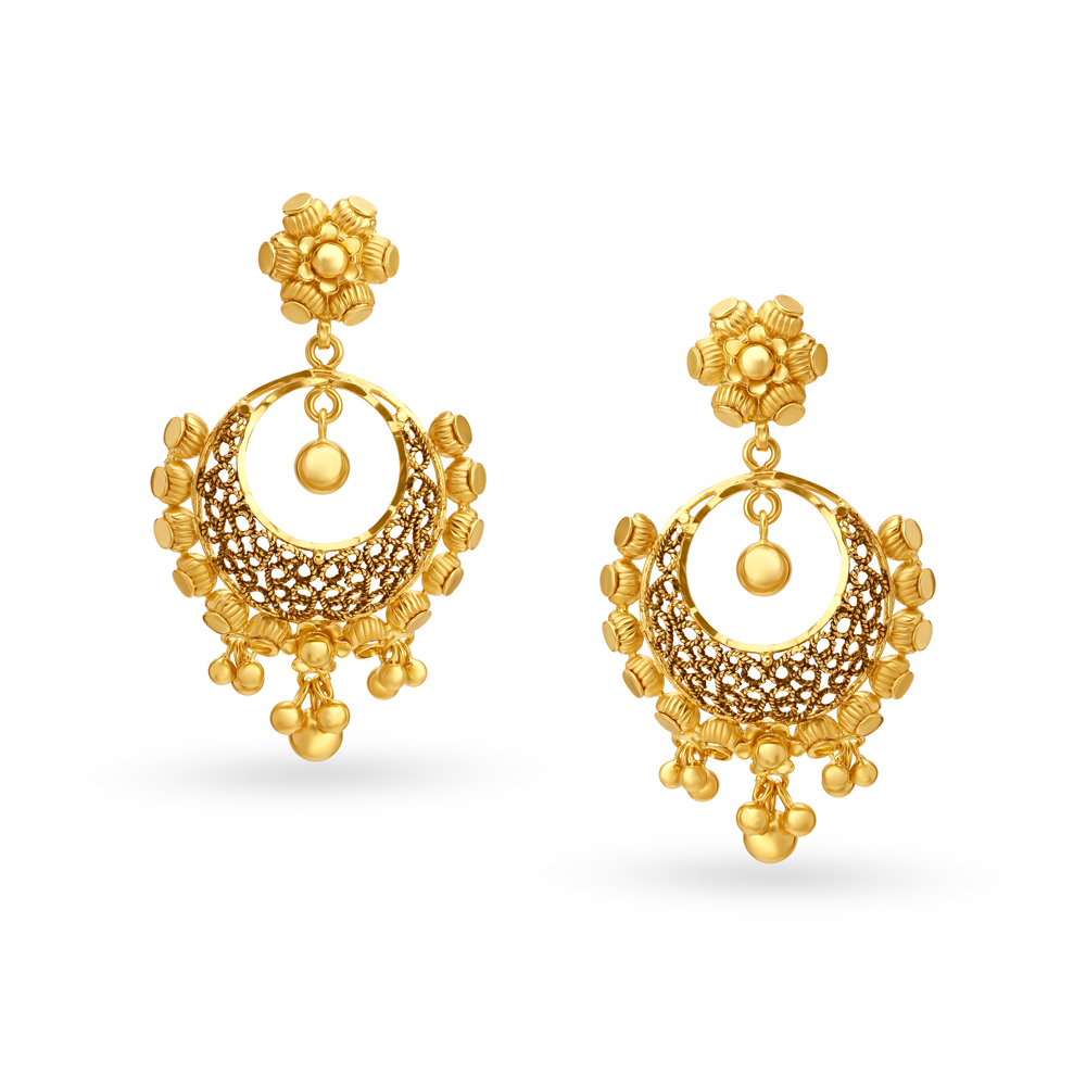 Mesmerizing Yellow Gold Beaded Filigree Drop Earrings