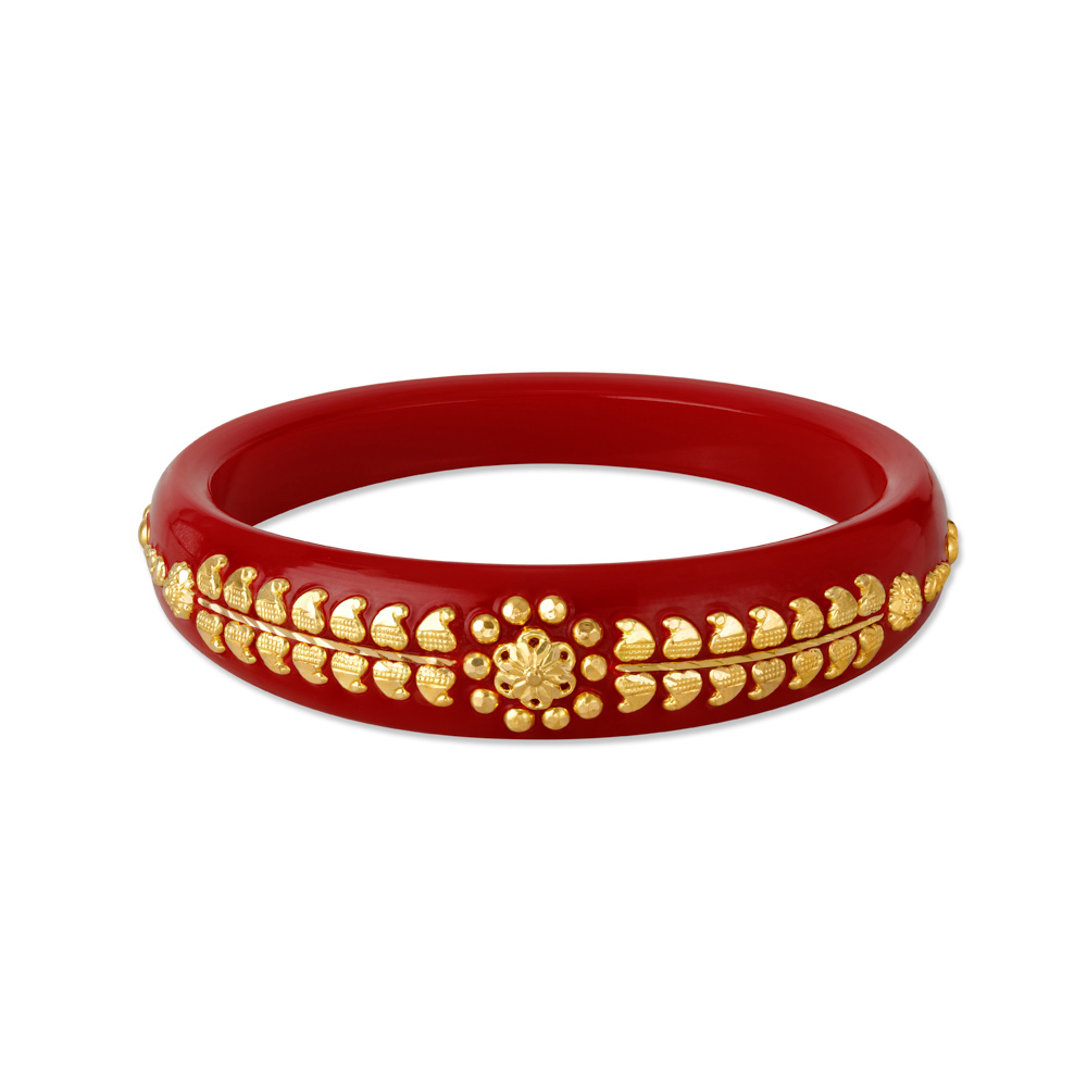 Floral And Leaf Motif Pola Work Gold Bangle