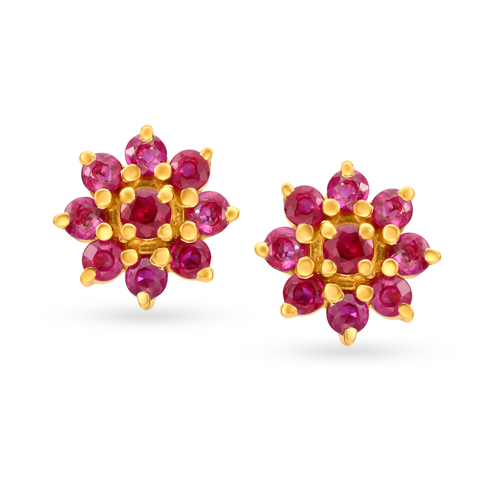 Irresistible 18 Karat Yellow Gold Ruby-Embellished Petals Stud Earrings
