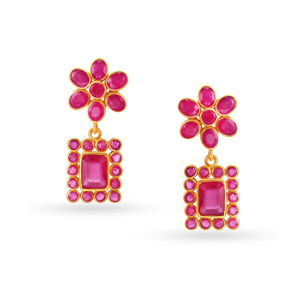 Sultry Ruby Floral Gold Drop Earrings