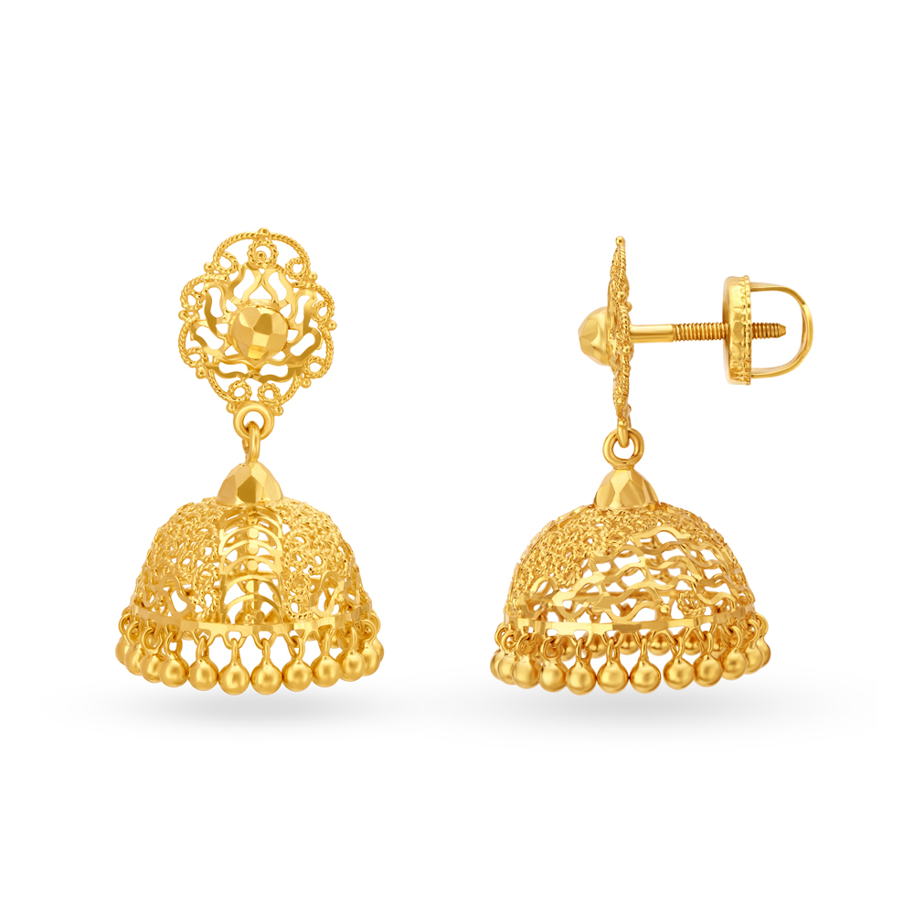 

Traditional Alluring Gold Jali Work Jhumkas