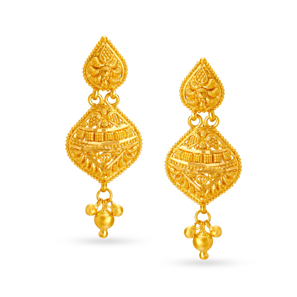 Rhombic Carved Gold Drop Earrings
