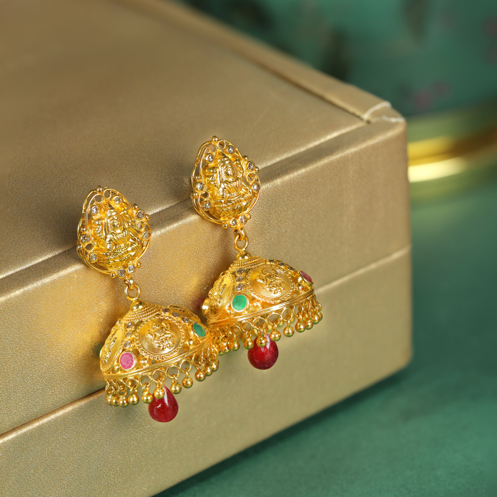 Lakshmi Motif Emerald And Ruby Gold Drop Earrings