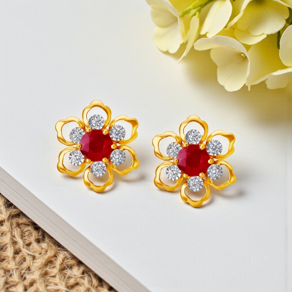 Alluring 18 Karat Yellow Gold And Diamond And Ruby Floral Studs