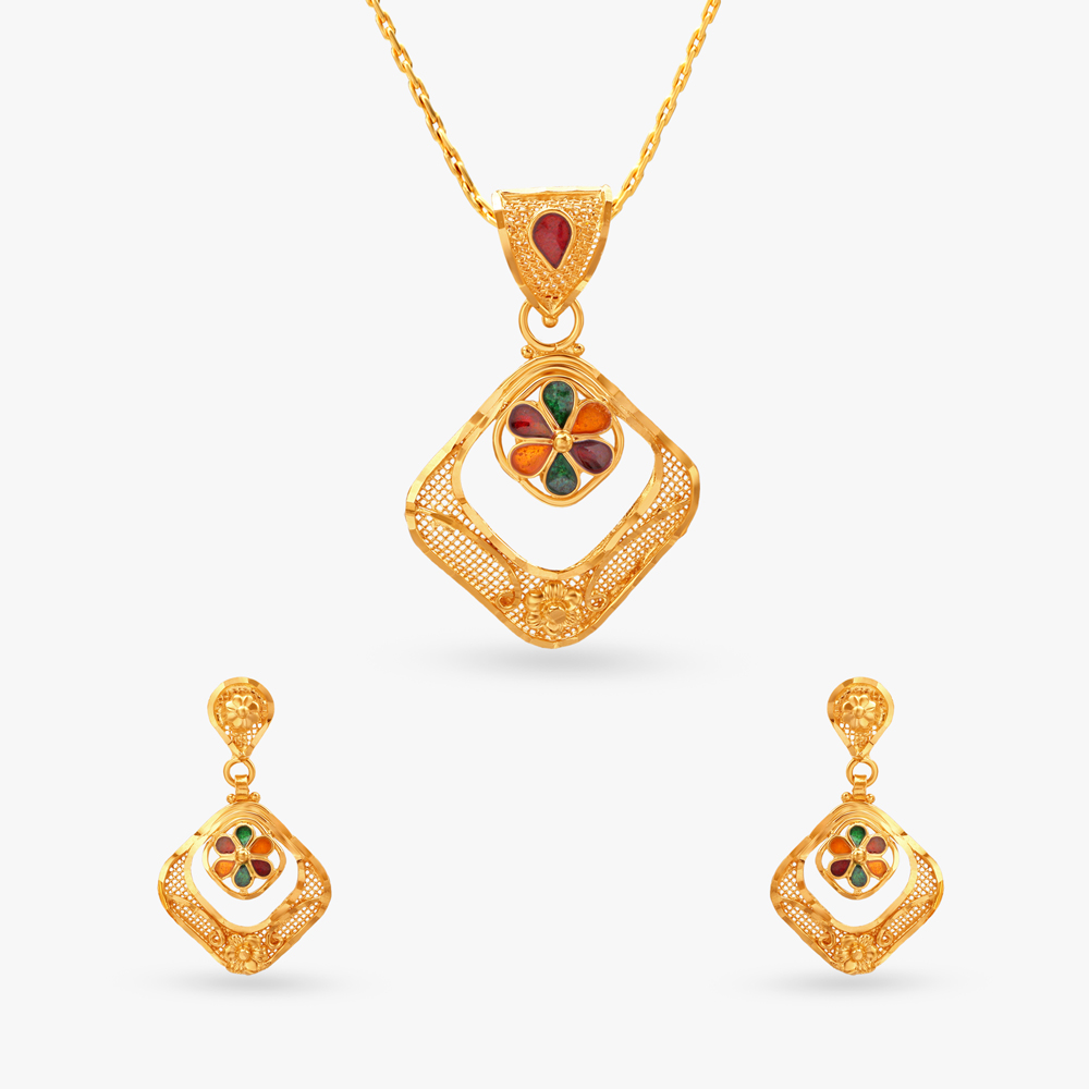 Enchanting Floral Gold Pendant and Earrings Set