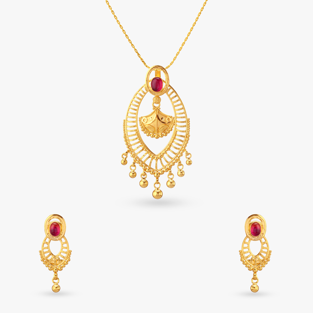 Scarlet Bloom Gold Pendant and Earrings Set