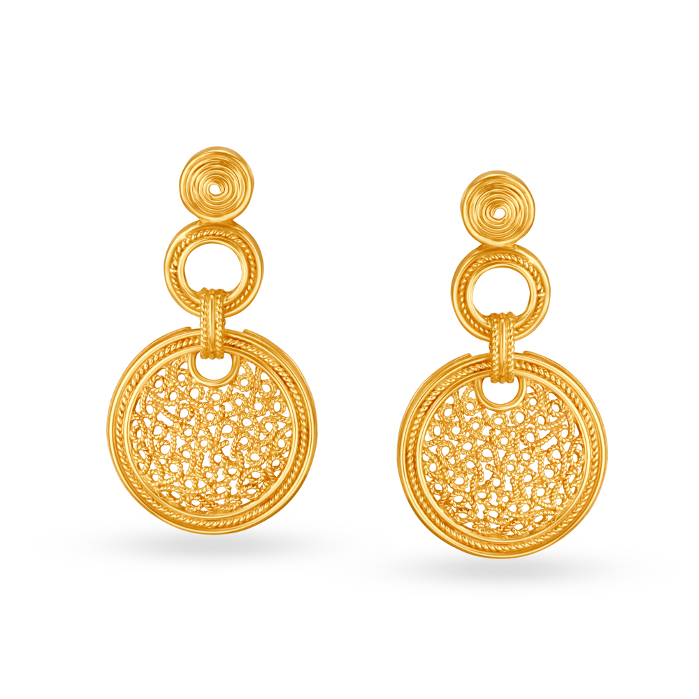 Fascinating 22 Karat Yellow Gold Filigree Patterned Drop Earrings