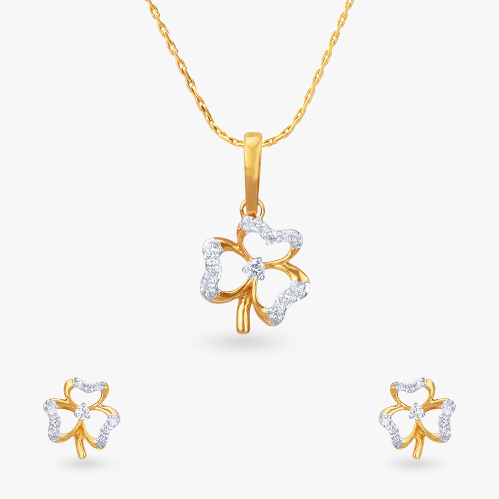 Lucky Clover Diamond Pendant and Earrings set for Kids