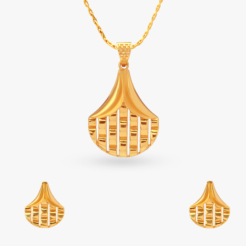 Gracefully Striped Gold Pendant and Earrings Set
