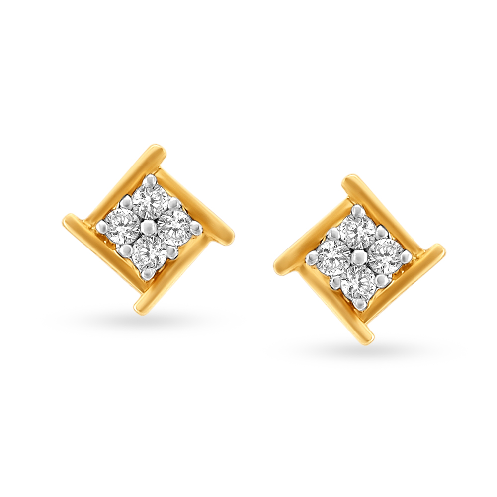 Contemporary Solitaire Look Gold and Diamond Stud Earrings
