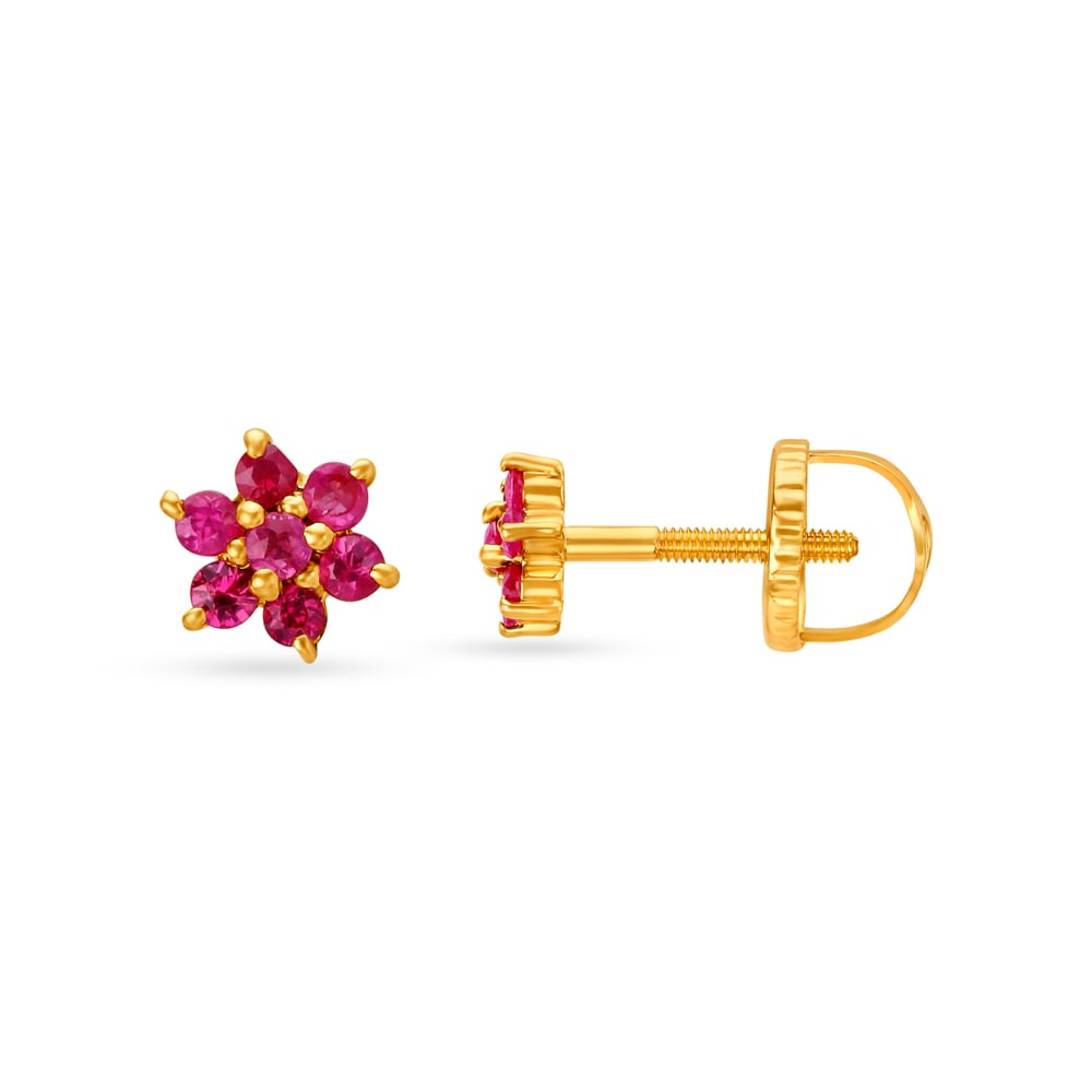 

Appealing 18 Karat Yellow Gold Ruby-Embellished Petals Stud Earrings