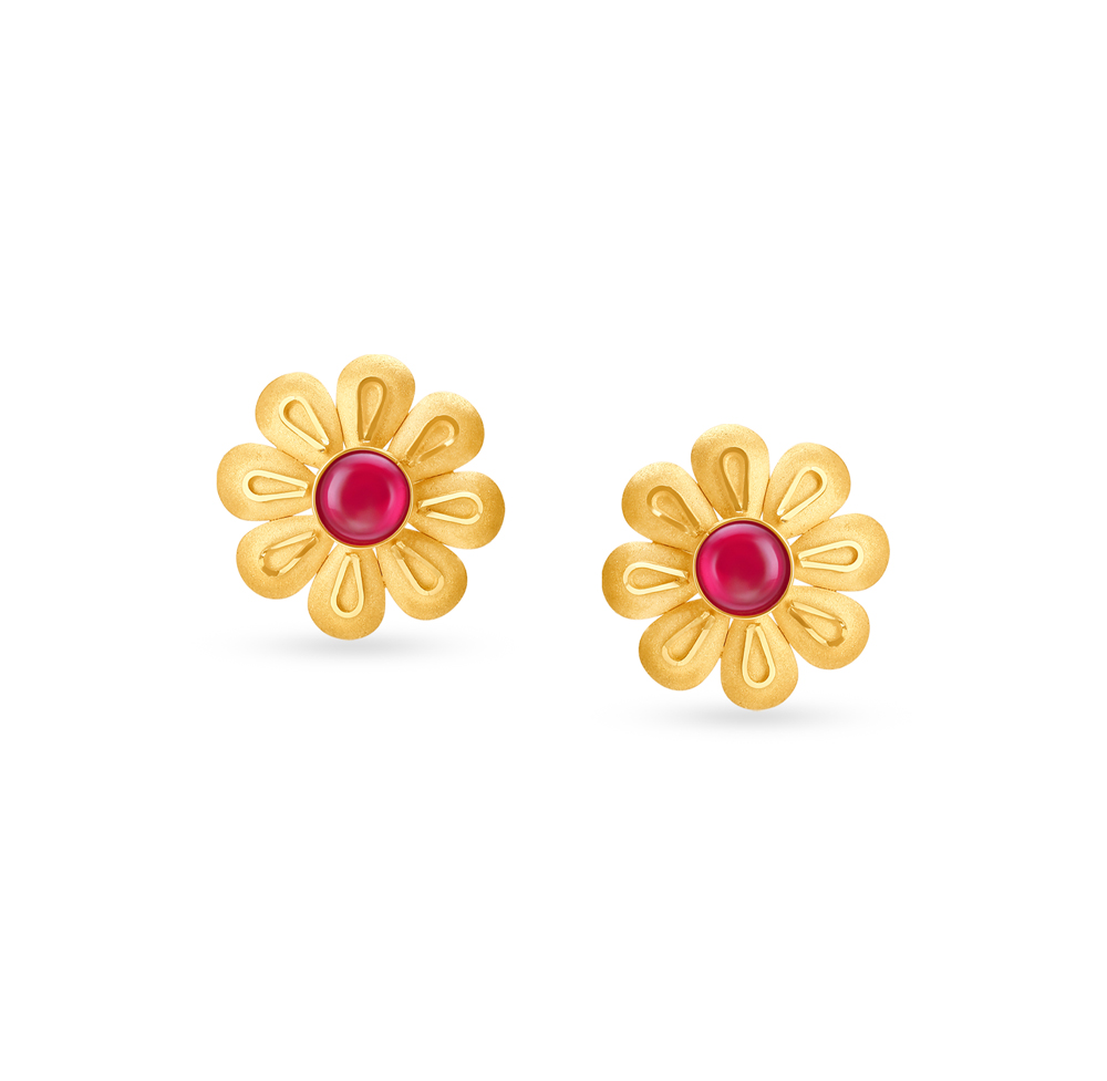 Alluring Floral Gold Stud Earrings with Coloured Stones