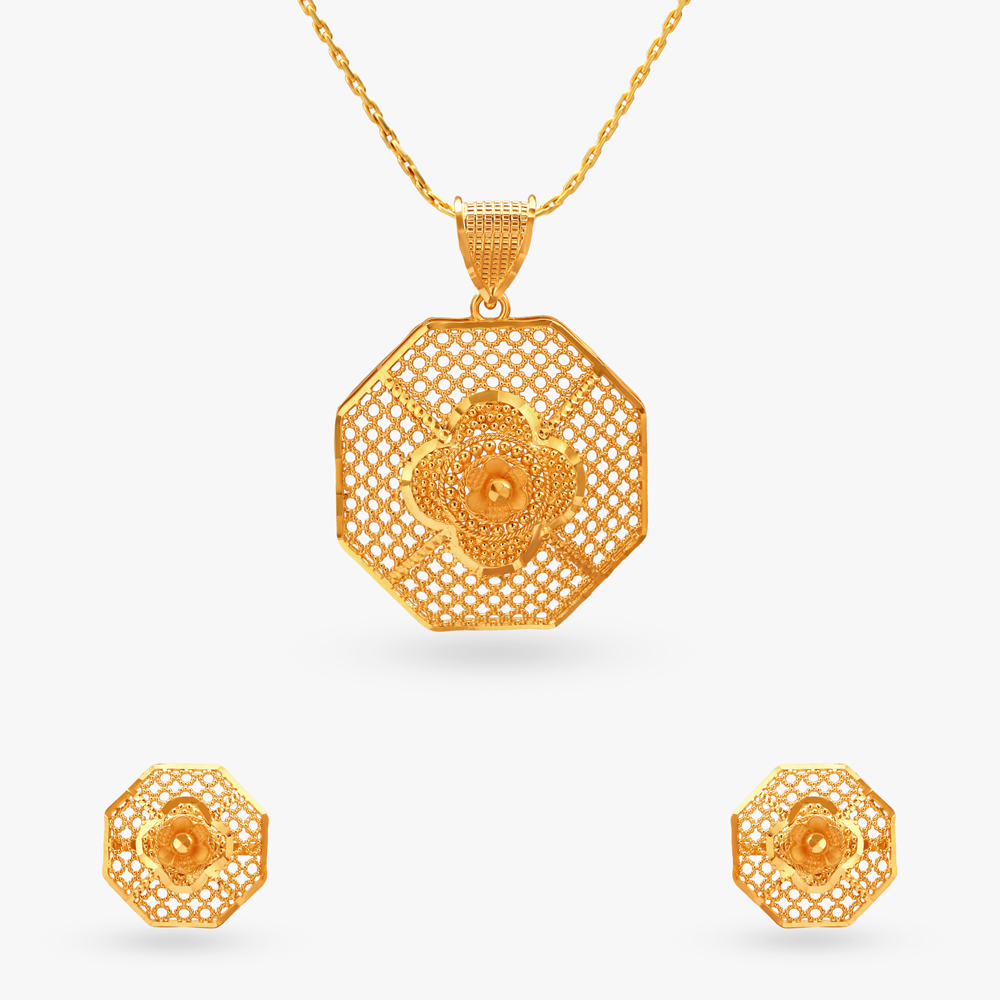 Hexagonal Floral Gold Pendant and Earrings Set